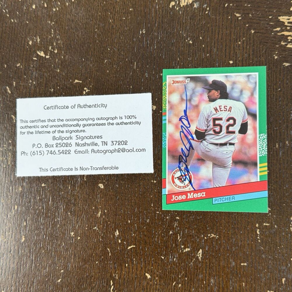 1991 Donruss Jose Mesa In Person Auto With COA MLB Baseball Card #165 Orioles